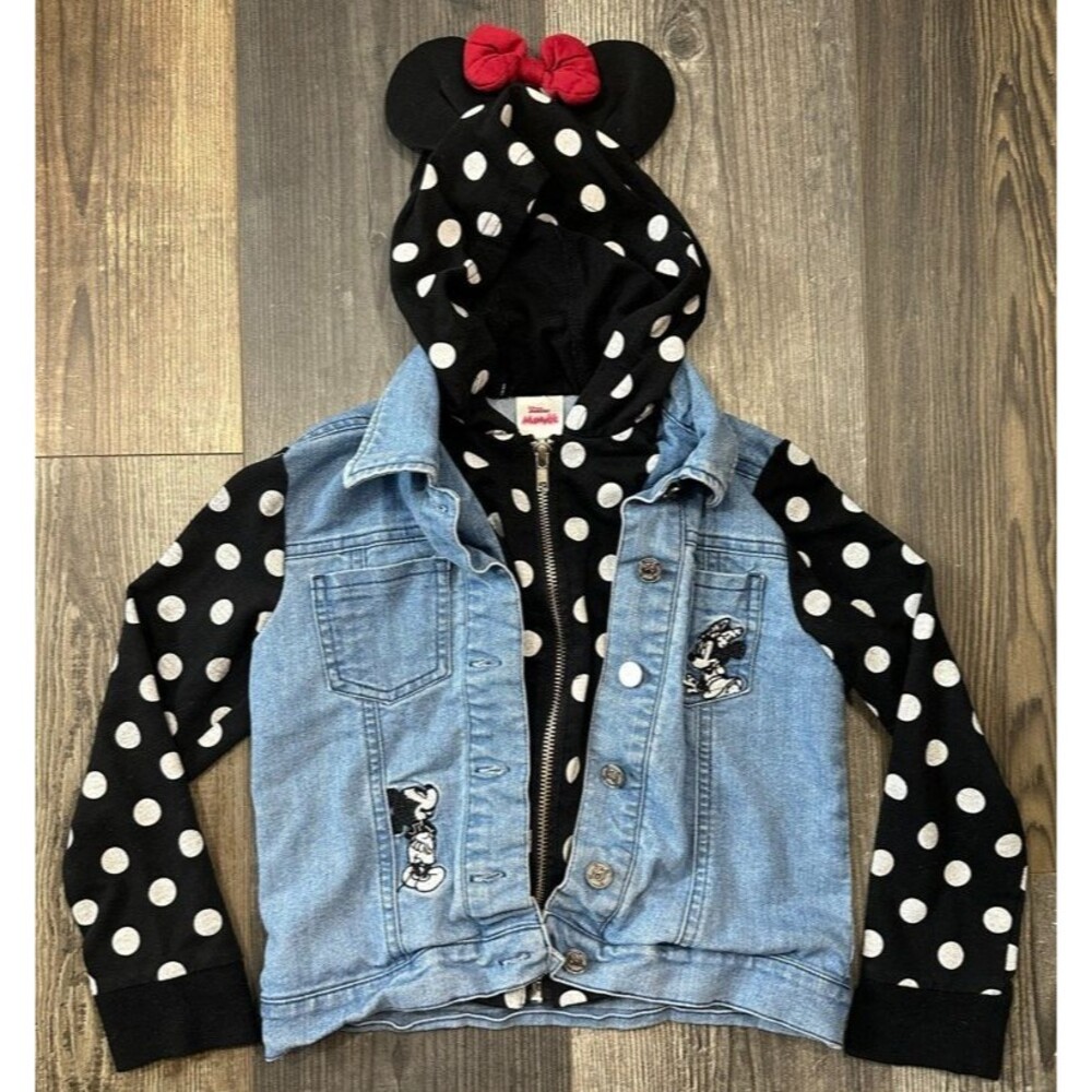 Disney Junior Minnie Mouse Girls Denim Jacket Jean Size 6 Polkadot Hooded Ears - Picture 1 of 4